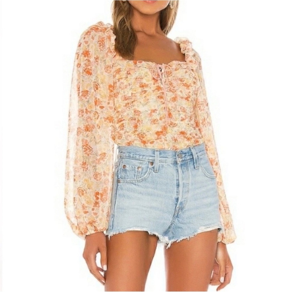Free People Size Small Mabel Floral  Boho Smocked Long Sleeve Cottagecore Top